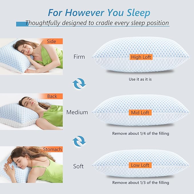 Cooling Firm Bed Pillows Set of 2, Shredded Memory Foam Pillows for Sleeping Luxury Gel Pillows for Side Back Stomach Sleepers with Removable Washable Cover(Blue, Queen)