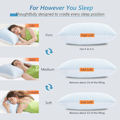 Cooling Firm Bed Pillows Set of 2, Shredded Memory Foam Pillows for Sleeping Luxury Gel Pillows for Side Back Stomach Sleepers with Removable Washable Cover(Blue, Standard)