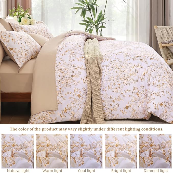 WONGS BEDDING Queen Size Comforter Set, 8 Pieces Autumn Leaf Floral Bed in a Bag Comferter Sets, Botanical Print Soft Fluffy Microfiber Complete Bedding Sets for All Season (90"x90")