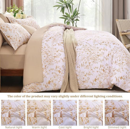 WONGS BEDDING Queen Size Comforter Set, 8 Pieces Autumn Leaf Floral Bed in a Bag Comferter Sets, Botanical Print Soft Fluffy Microfiber Complete Bedding Sets for All Season (90"x90")
