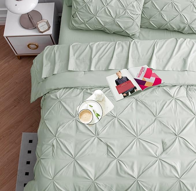 LANE LINEN Twin Comforter Set, 5 Piece Twin Bedding Sets, Ultra Soft Pintuck Twin Bed in a Bag Set with Down Alternative Comforter, Sheets, Pillowcase & Sham, Pinch Pleated Bedding Set - Mineral | Dorm guest set, Deep pocket sheet, Soft pintuck style, ...