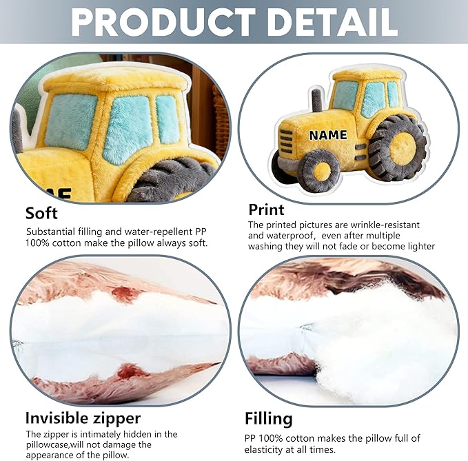 Custom Tractor Shaped Pillow Personalized Double-Sided Printed Cute Pillow Customized Christmas Party Commemorative Gift Sofa Decorative for Boys and Girls 8-32in