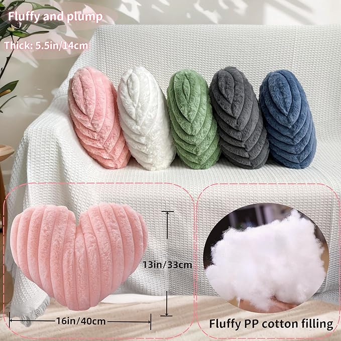 16 Inch Heart Pillow Cute Soft Decorative Throw Pillows, Heart Shaped Fluffy Faux Fur Pillows Cushions for Couch Sofa Bed Bedroom Room Home Decor Aesthetic (2, White, Medium-16 x13)