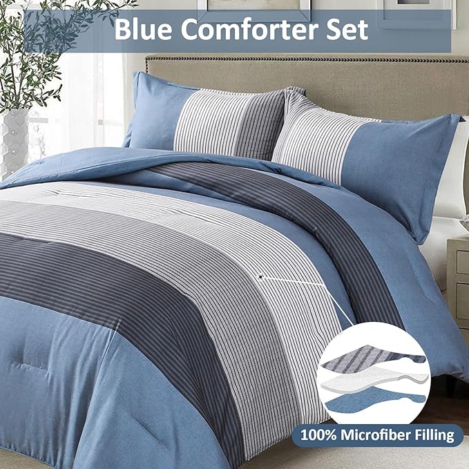 Comforter Set King Size, Reversible Blue Grey Striped Patchwork Down Alternative Comforter for Queen Bed,3 Pieces (1 Comforter+2 Pillowcases), Soft Microfiber Bedding Duvet Insert Set 104"×90"