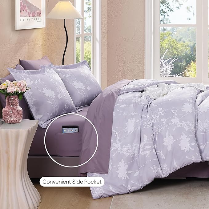 Twin XL Comforter Set -5 Pieces Floral Lavender Purple Bedding Set for All Seasons, Bed in a Bag with Botanical Flowers Comforter, Sheets, Pillowcase & Sham