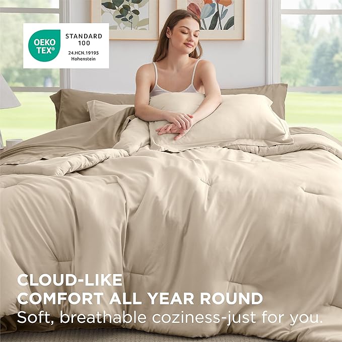 Bedsure Twin Comforter Set - 5 Pieces Light Beige Twin Bedding Set for All Seasons, Boho Contrasting Design Bed in a Bag with Comforter, Sheets, Pillowcase & Sham