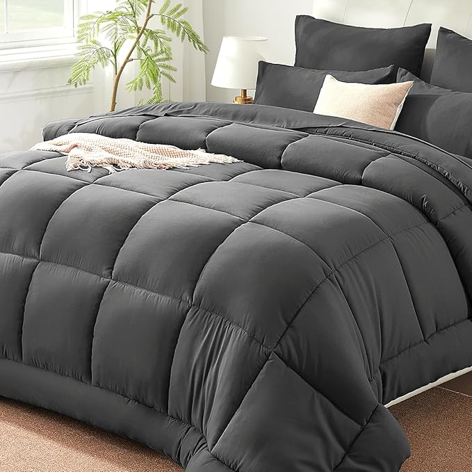 SunStyle Home Dark Grey Full/Queen Comforter Set - 7 Pieces Bed in a Bag, Lightweight Goose Down Alternative Bedding Sets with All Season Comforter, 1 Flat Sheet, 1 Fitted Sheet, 4 Pillowcases
