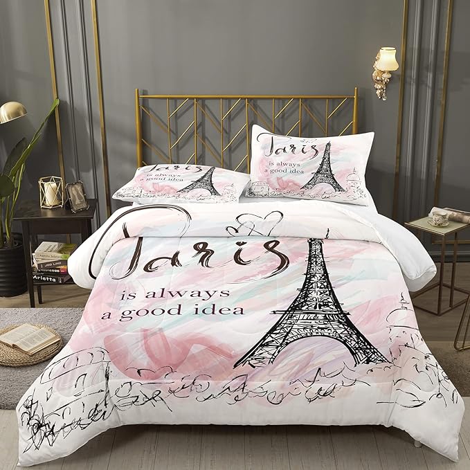 Bodhi Paris Comforter Set - Twin, Cartoon Sketch Eiffel Tower, Girls' Pink Bedding with Matching Pillowcase