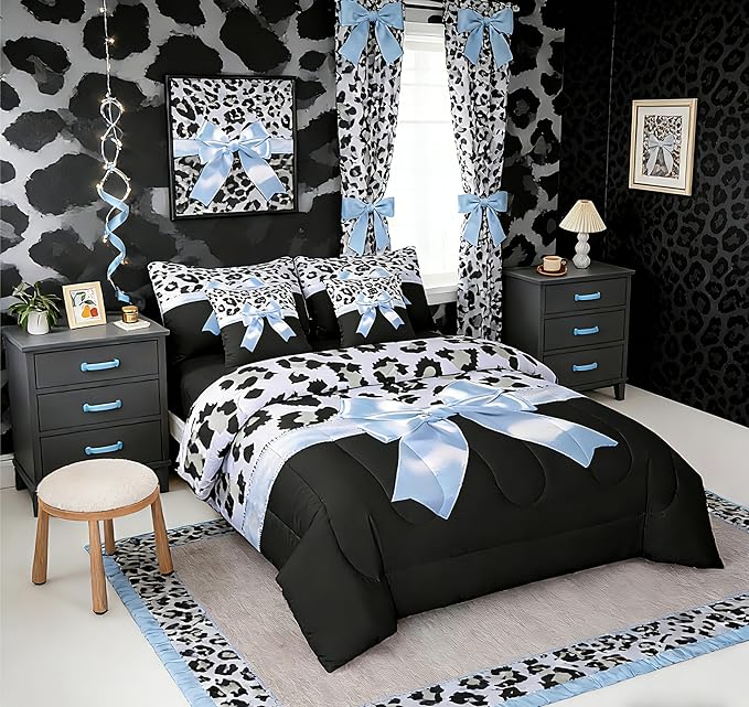 Feelyou Blue Silk Bowknot 7 Piece Bedding Set Queen Size Grey Leopard Comforter Set with Sheets for Kids Girls Women Black Blue Bed in a Bag Sweet Romantic Bed Set