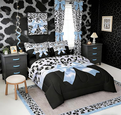 Feelyou Blue Silk Bowknot 7 Piece Bedding Set Twin Size Grey Leopard Comforter Set with Sheets for Kids Girls Women Black Blue Bed in a Bag Sweet Romantic Bed Set