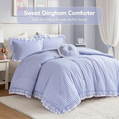 Intelligent Design Rowena Full Comforter Set – Blue Gingham Ruffled Bedding, Vintage Farmhouse Style, Reversible All Season 4-Piece Bedding Set, Full/Queen, Gift for Her