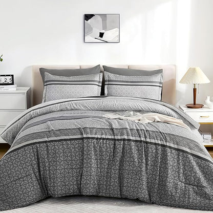 WONGS BEDDING Grey Comforter Set Queen Size, 7 Pieces Striped Bed in a Bag Comforter and Sheet Set, Bohemian Soft Lightweight Micorfiber Bedding Set for All Seaon (90"×90")