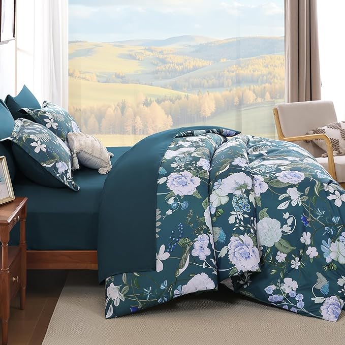 Anibedding 7Pieces Floral King Size Comforter Set, Garden Plant Flower Style Bed in a Bag Blue Bedding Comforter Set with Pillow Case for Bedroom