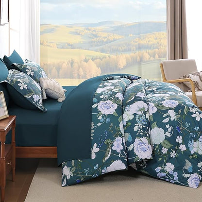 Anibedding 7Pieces Floral Queen Size Comforter Set, Garden Plant Flower Style Bed in a Bag Blue Bedding Comforter Set with Pillow Case for Bedroom