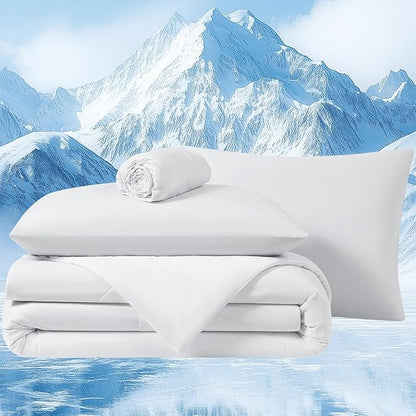 Cooling Comforter Set King- White Reversible Cooling Comforter Set with Sheets - Soft Breath Comforter 4pcs Set (Comforter+Fitted Sheets+2Pillowcases)