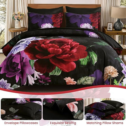 WONGS BEDDING Black Comforter Set King Size, 7 Pieces Floral Bed in a Bag Set, Luxury Red Flower Bedding Set, Soft Microfiber for All Season with Pillowcases & Shams,Sheets(90"×104")