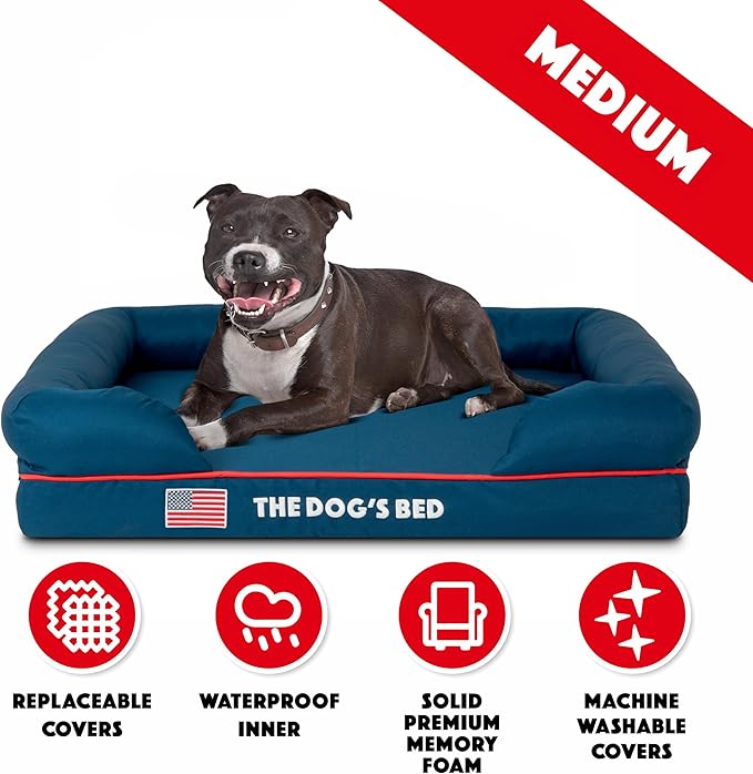 The Dog’s Bed Orthopedic Memory Foam Dog Bed with Bolsters, Oxford Fabric, Blue with Dark Red Trim, M