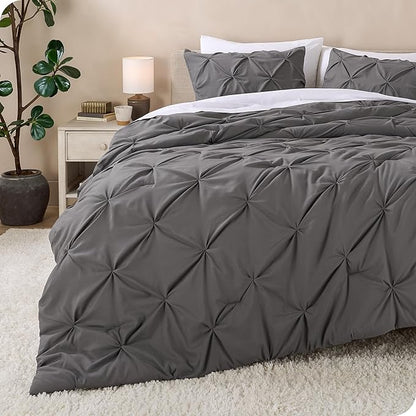 Bare Home Pintuck Pinch Pleat Comforter Set - Down Alternative - Soft, Premium 1800 Series - Bedding for All Seasons, 3 Pieces, 1 Comforter (90”x 90”) and 2 Pillow Shams (Queen, Grey)