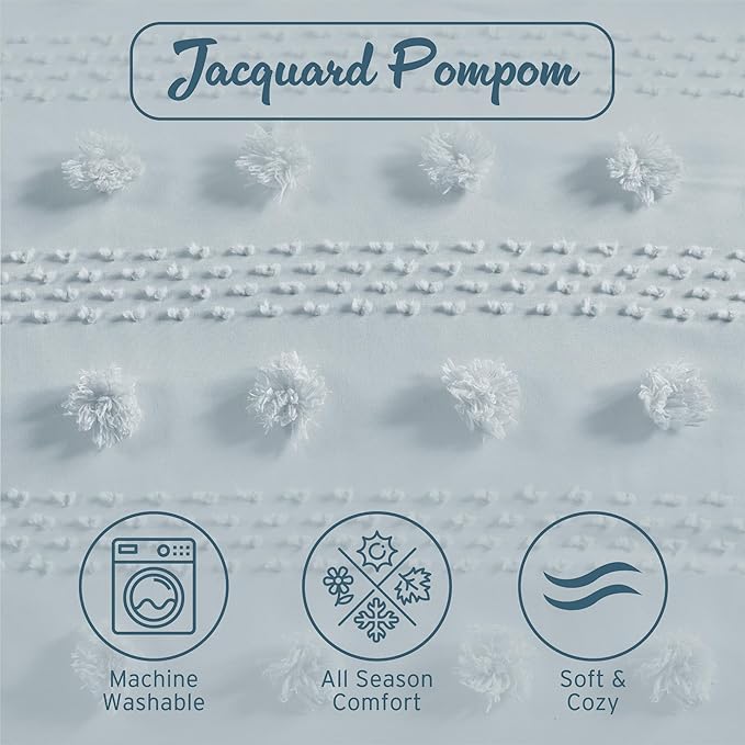 Intelligent Design Queen Duvet Cover Set, Clipped Jacquard Duvet Set Chic Pompom Accent, All Seasons Lightweight Microfiber Bed Cover for Comforter with 2 Shams, Lucy, Full/Queen, Blue 3 Piece