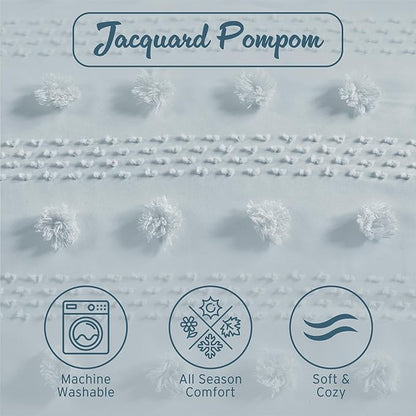 Intelligent Design Queen Duvet Cover Set, Clipped Jacquard Duvet Set Chic Pompom Accent, All Seasons Lightweight Microfiber Bed Cover for Comforter with 2 Shams, Lucy, Full/Queen, Blue 3 Piece