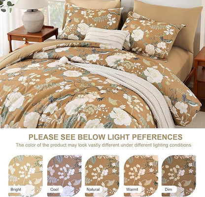Anibedding 7Pieces Floral King Size Comforter Set, Garden Plant Style Bed in a Bag Brown White Flower Bedding Comforter Set with Pillow Case for Bedroom