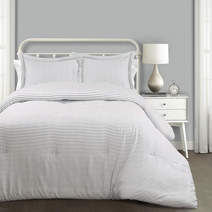 Lush Decor Farmhouse Stripe Reversible Cotton Comforter Set, 3 Piece Set, Full/ Queen, Blue - Cozy F𝐚rmhouse Bedding Set - Rustic Decor - Striped Comforter - Modern Farmho𝐮se Bedroom Decor