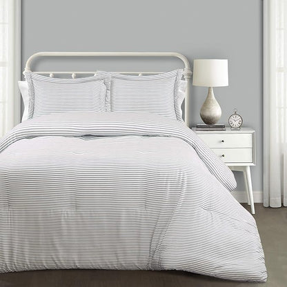 Lush Decor Farmhouse Stripe Reversible Cotton Comforter Set, 3 Piece Set, Full/ Queen, Blue - Cozy F𝐚rmhouse Bedding Set - Rustic Decor - Striped Comforter - Modern Farmho𝐮se Bedroom Decor