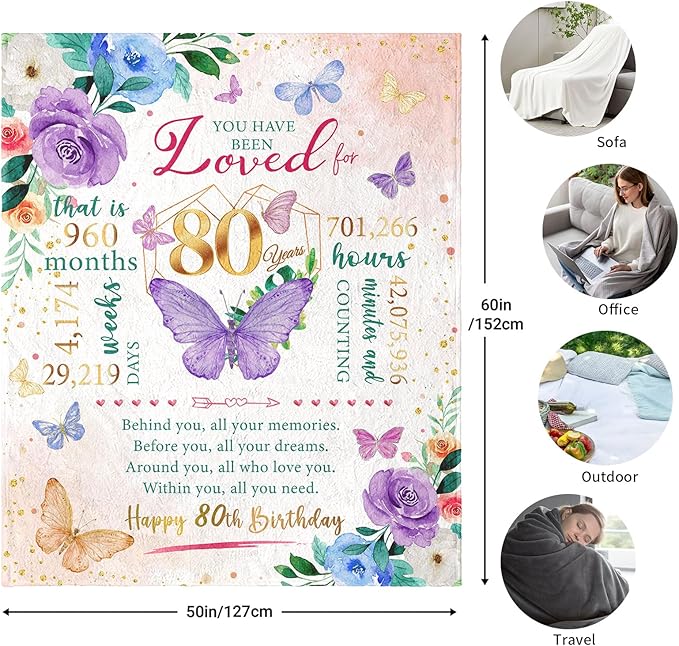 ZWERIVP 80th Birthday Gifts for Women, Best Present for 80 Year Old Woman Birthday, 1946 Present for Women Mom, Happy 80yr Bday Gifts Ideas, 80th Woman Bday Decorations Throw Blanket 50"X60"