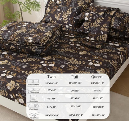SDY 7PCS Dark Floral Comforter and Sheet Set Queen Size, Black Flower Bedding Setfor Girl/Women Gift Includes 1*Comforter,1* Flat Sheet, 1*Fitted Sheet,2*Pillowcases and 2*PillowcaseShams
