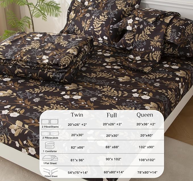 SDY 7PCS Twin Dark Floral Comforter and Sheet Set，Cute Soft Black Flower Microfiber Bedding Sets for Kids, Boys and Toddlers Includes 1*Comforter,1* Flat&Fitted Sheet,2*Pillowcases,2*PillowcaseShams