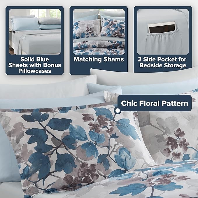 Madison Park Full Comforter Set with Sheets, Floral Bed in A Bag Soft Microfiber Comforter for Full Size Bed, All Season Lightweight Comforters Full Bed Set, Alexis, 9 Piece Blue
