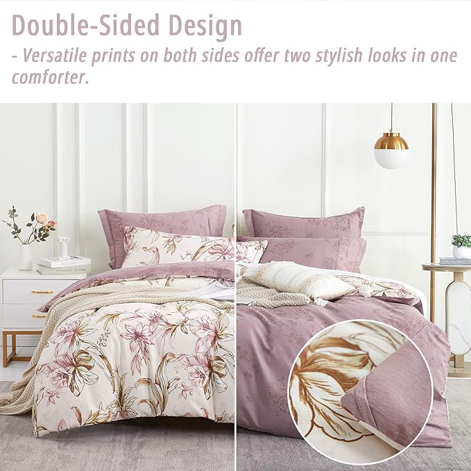Floral Cotton Comforter Queen Size 3Pcs - Pink Flowers on Botanical Textured Beige Front, Mauve Taupe Back, Reversible Lightweight Bedding Sets with Soft Fill(Queen, 90"×90")