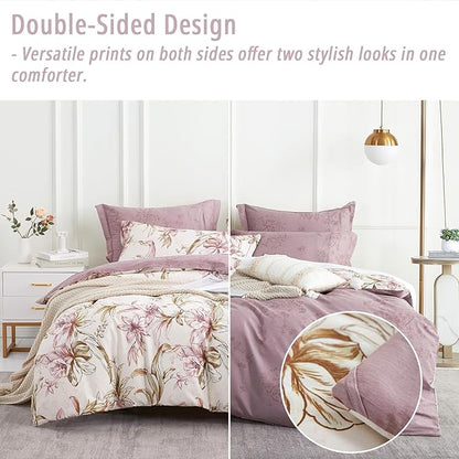 Floral Cotton Comforter King Size 3Pcs - Pink Flowers on Botanical Textured Beige Front, Mauve Taupe Back, Reversible Lightweight Bedding Sets with Soft Fill(King, 104"×90")