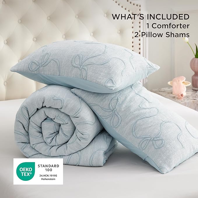 Bedsure Full Size Comforter Sets, GentleSoft™ 3 Pieces Bow Cute Bedding Blue Room Decor Aesthetic, Full Size Bedding Sets Gifts for Her, 1 Blue Comforter, 2 Pillow Shams, 82x86 Inches