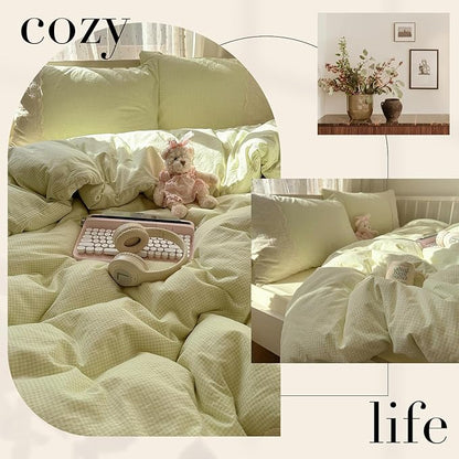 HighBuy Sage Green Plaid Comforter Set Full,3 Pieces Modern Style Gingham Grid Comforter with Lace Ruffles,Vintage Plaid Checkered Fluffy Soft Lightweight Gingham Bedding Set