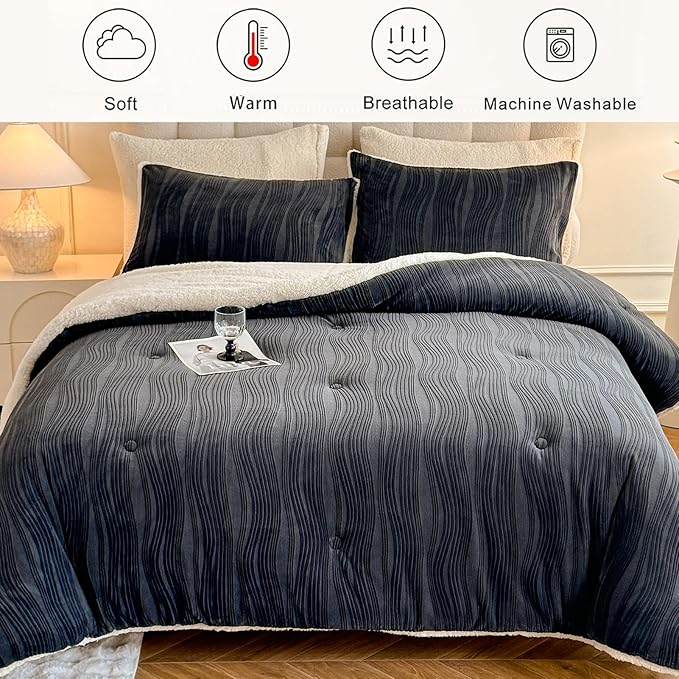 3D Striped Jacquard Sherpa Comforter Set King Size, Boho Geometric Pattern Quilt Bedding 3 Pieces Warm Cozy Fuzzy Comforter with 2 Pillowcases(104"X90" Dark Grey)
