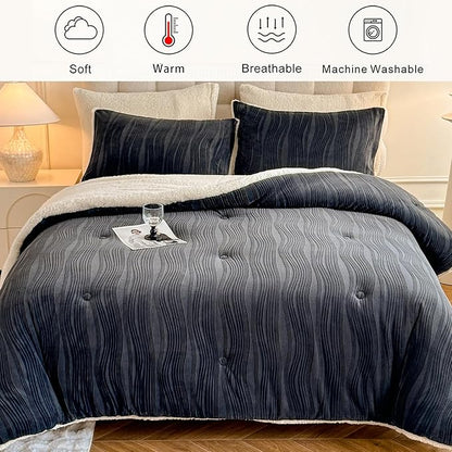 3D Striped Jacquard Sherpa Comforter Set King Size, Boho Geometric Pattern Quilt Bedding 3 Pieces Warm Cozy Fuzzy Comforter with 2 Pillowcases(104"X90" Dark Grey)