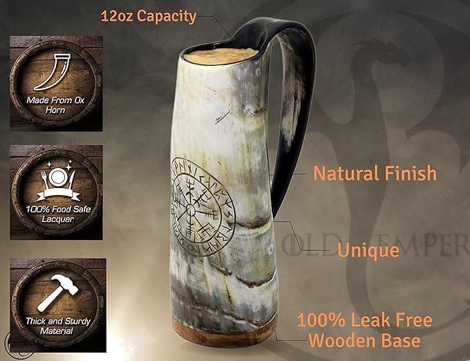 Viking Drinking Coffee Mug- 12oz| Gifts for Men & Women| Real Ox Horn| Food Grade Medieval| Hot and Cold Liquids| Engraved Natural Shine Finish (Compass)