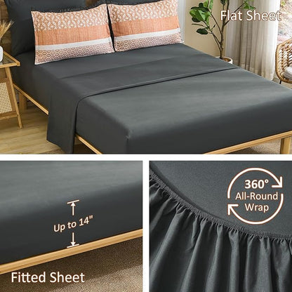 DJY King Size Comforter Set,Boho Striped Bedding Sets,7 Piece Orange Patchwork Soft Microfiber Comforter Set for All Season(90"×90")
