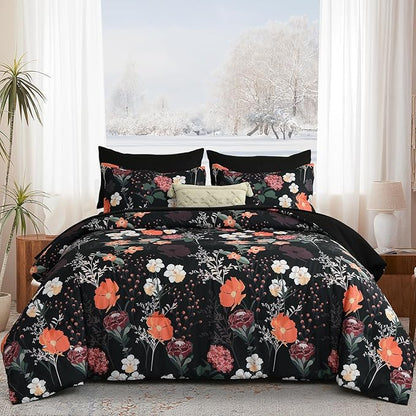 Yiran Black Red Floral Comforter Set Queen Size, 7 Piece Winter Comforter Bedding Set, Colorful Farmhouse Bed in a Bag, Soft Microfiber Complete Bedding Set with Sheets for All Season