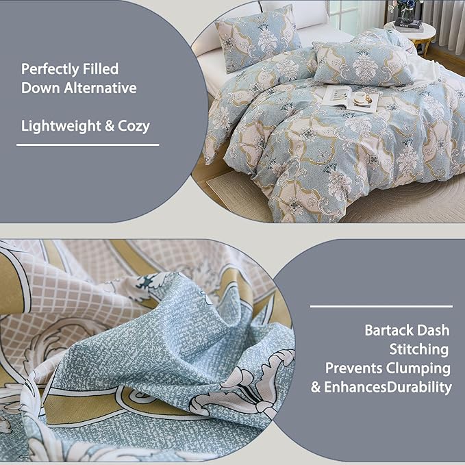 100% Natural Cotton Comforter Set King 3 Pcs Grayish Blue Bedding Sets with Luxurious Damask Pattern, Reversible Breathable Soft Comforter Sets for All Season