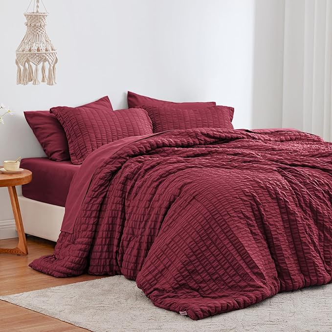 Love's cabin Seersucker Burgundy California King Comforter Set, 7-Piece All Season Lightweight Bed in a Bag Bedding Set with Comforter, Flat Sheet, Fitted Sheet, Pillowcases and Shams | Soft, Breathable, Lightweight