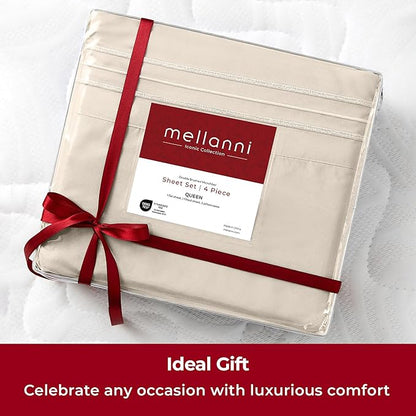 Mellanni Extra Deep California King Sheets - 4 PC Iconic Collection Bedding - Hotel Luxury, Ultra Soft, Cooling Bed Sheets - Wrinkle, Fade, Stain Resistant (Cal King, Beige)