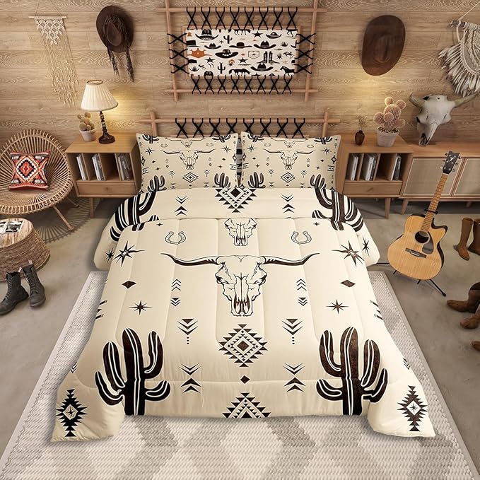 Erosebridal Boys Queen Size Bull Skull Comforter Set, Western Cowboy Bedding Set Vintage Southwestern Duvet Insert Bohemian Geometric Cactus Quilt Tribal Exotic Ethnic for Teens Bedroom Decor,Khaki
