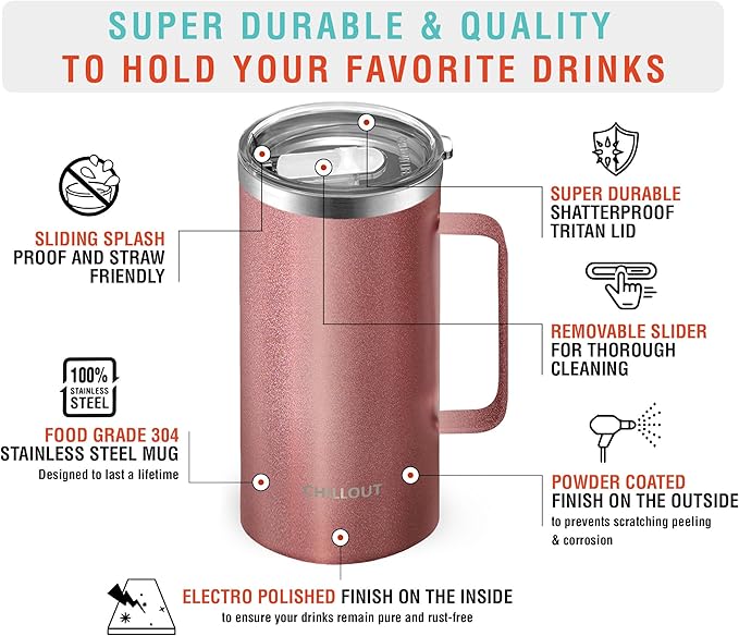 CHILLOUT LIFE Stainless Steel Vacuum Insulated Coffee Mug 20 oz (Set of 2) with Handle and Lid, Large Thermal Camping Coffee Mugs with Sliding Lid for Men & Women, Keeps Your Beverages Hot & Cold