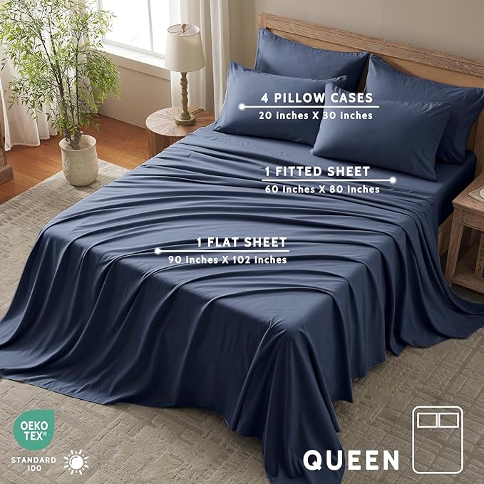 Queen Sheet Set - 6 Piece Sheets Queen Size Bed Set - Breathable & Cooling Hotel Luxury Bedding Set - Soft & Comfy Fully Elasticized 16" Deep Pocket Queen Sheets (Queen Navy Blue)