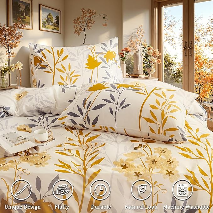 100% Cotton Comforter Set King Size – Yellow Floral Bedding Sets 3 Pieces Lightweight Cozy Botanical Bed Comforter, Soft Cottagecore Aesthetic All Season Bedding