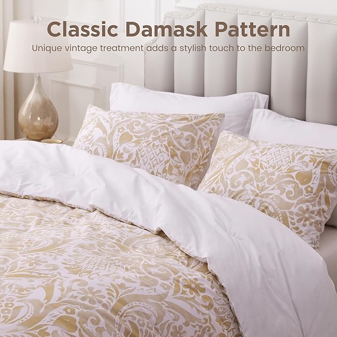 Sophia & William Bronze Damask Queen Size Comforter Set, 3 Pcs Cotton Comforter Set with Printed Comforter & 2 Pillowcases, All Season Lightweight Bedding Set