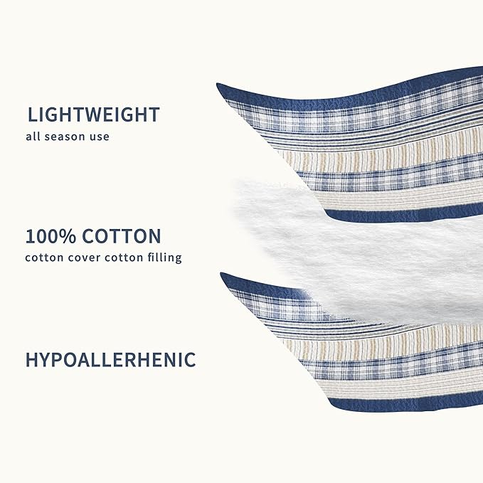 Homzard California King Size Comforter Set,100% Cotton Oversized Plaid Striped California Quilt Set, Blue White Tan Bedding Sets (118 * 106 Inch) with 2 Pillow Shams, Farmhouse Reversible Bedspread