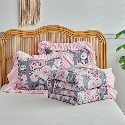 Flower Comforter Set Twin Size 68 * 86in - Gray Pink Floral with Leave Style -3 Pieces Shabby Chic Farmhouse Bedding with Ruffled Fringe Rustic Lightweight Botantical Ruffle Comforter with Shams